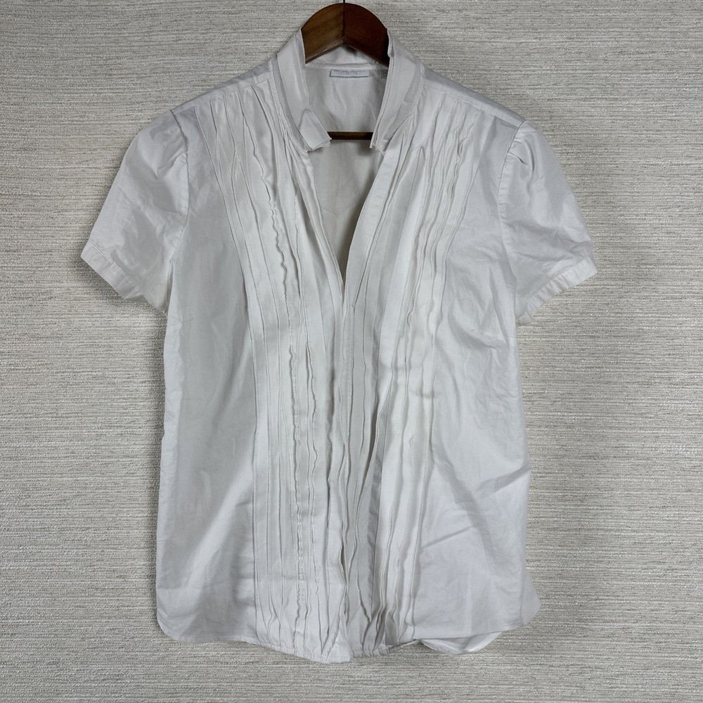 New York & Company White Pleated Blouse XL Stretch Button Front Short Sleeve Top